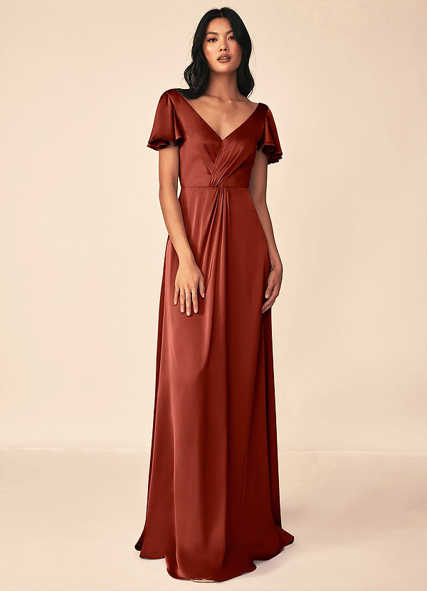 Azazie Soren Bridesmaid Dresses Terracotta Flowy Pleated Stretch Satin Dress image1