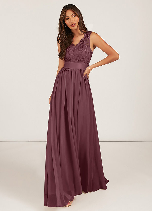 Azazie Gertrude Abiti da Damigella Abito A-Line in Chiffon Pizzo Sangria image1