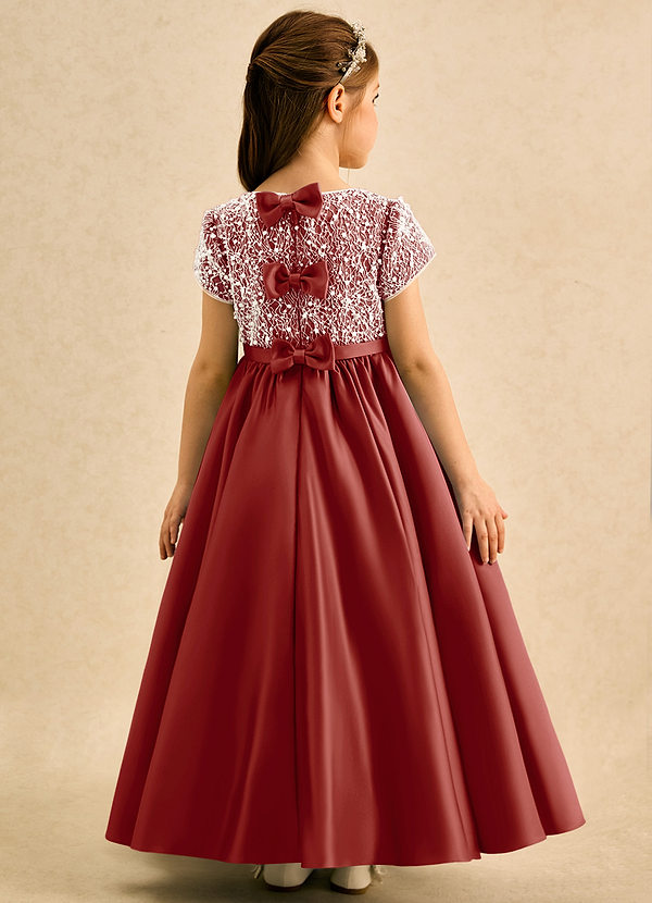 Azazie Cashew Flower Girl Dresses Terracotta Ball-Gown with Sleeves Matte Satin Dress image1