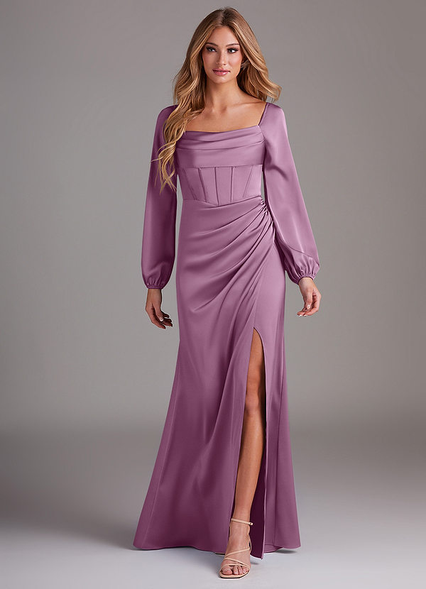 Azazie Charissa Bridesmaid Dresses Wisteria Sheath Long Sleeve Stretch Satin Dress image1