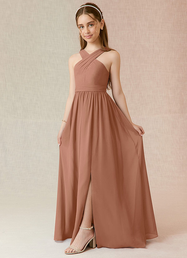 Azazie Jiya Junior Abito A-Line in Chiffon Plissettato Bronzo image1