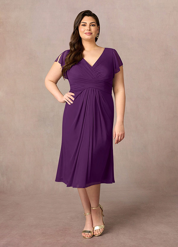 Azazie Vera Mother of the Brides Dresses Grape A-Line V-Neck Pleated Mesh Dress image1
