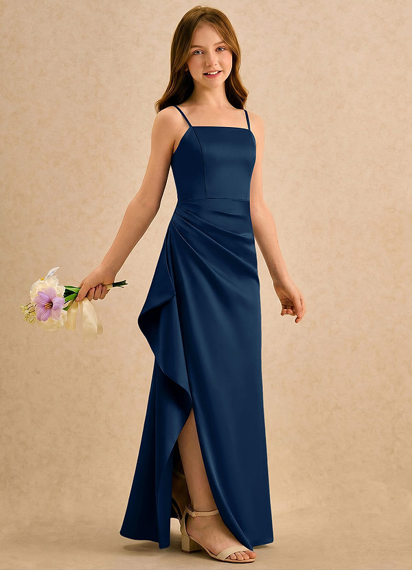 Azazie Cannoli Girls Formal Sukienki dla dziewczynek sypiących kwiaty Linia A Pofałdowany Satyna elastyczna Długość podłogi Sukienka image1