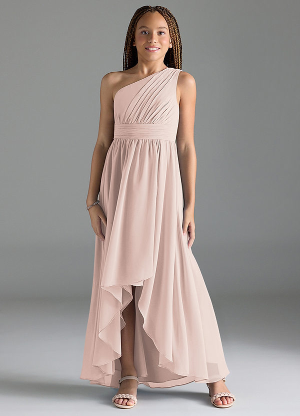Azazie Mathilda Junior Robe Trapèze en Mousseline de soie Plissée Rose Pétale image1
