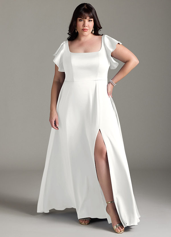 Azazie Bondi Brautjungfernkleider A-Linie Schleifen Stretch-Satin Kleid Weiß image1