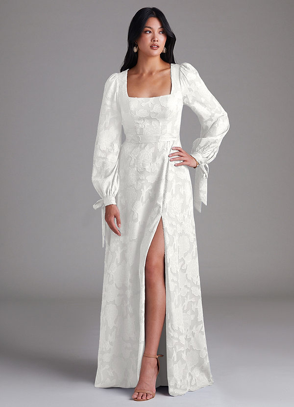 Azazie Leonia Bridesmaid Dresses White A-Line Long Sleeve Floral Burnout Dress image1