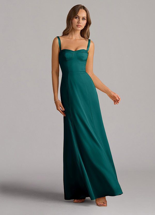 Azazie Amaris Bridesmaid Dresses Peacock A-Line Corset Stretch Satin Dress image1