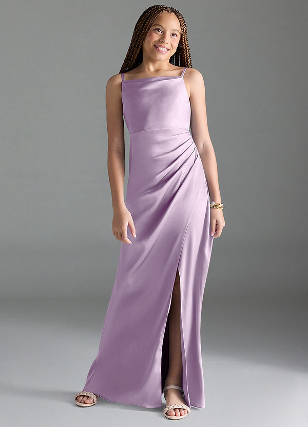 Azazie Leonis Junior Frosted Lilac A-Line Pleated Stretch Satin Dress image1