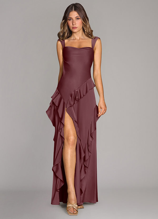 Azazie Sloane Robes Demoiselle d'honneur Robe Trapèze en Satin extensible Encolure en Forme de Cœur Sangria image1