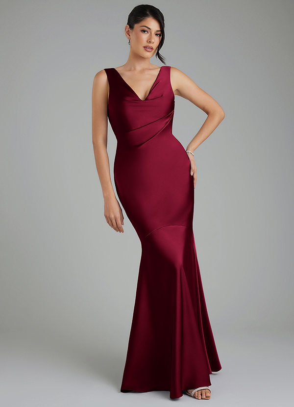 Azazie Monica Bridesmaid Dresses Burgundy Mermaid Pleated Stretch Satin Dress image1