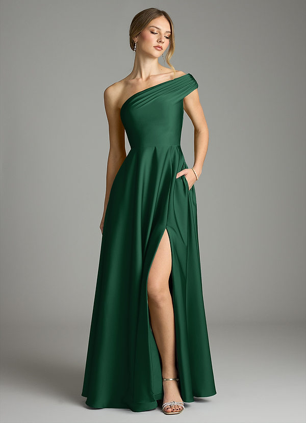 Azazie Melanie Dark Green Stretch Satin Bridesmaid Dresses | Azazie