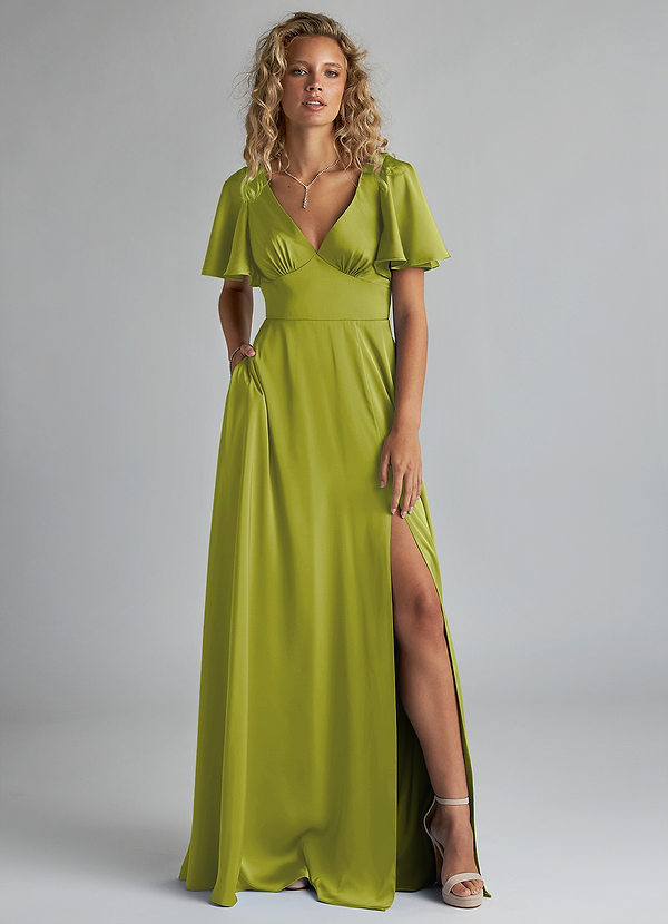 Azazie Kimber Bridesmaid Dresses Lemongrass A-Line Ruched Stretch Satin Dress image1