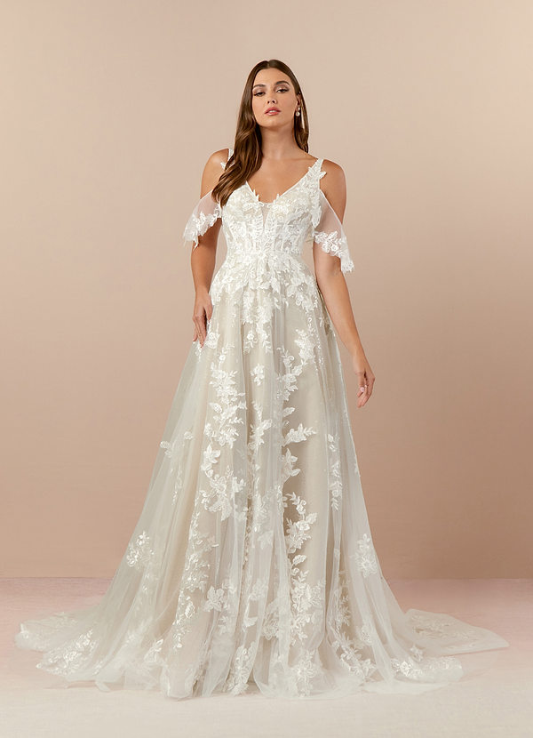 Azazie Ada Wedding Dresses A-Line V-Neck lace Tulle Chapel Train Dress image1