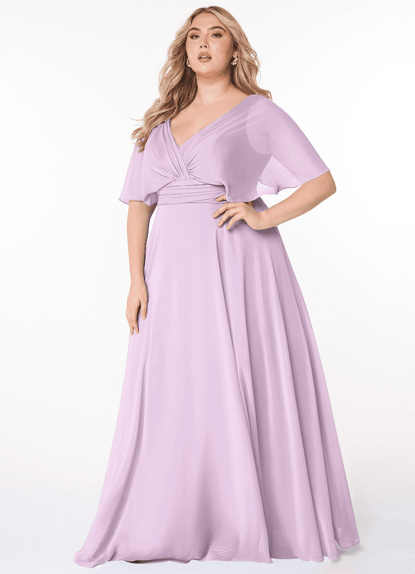 Azazie Pamela Robes Demoiselle d'honneur Robe Trapèze en Mousseline de soie Col V plissé Frostiges Flieder image1