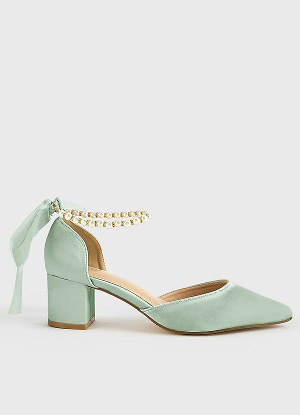 front Matching Color Matte Satin Pearl and Bow Pointed Toe Block Heels