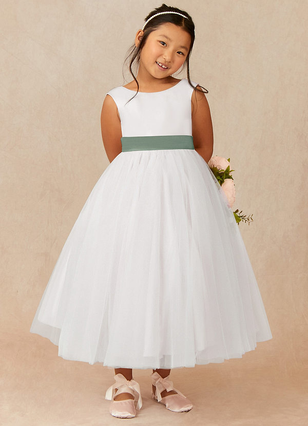 Azazie Kavi Flower Girl Dresses Ivory Eucalyptus A-Line Bow Matte Satin Dress image1