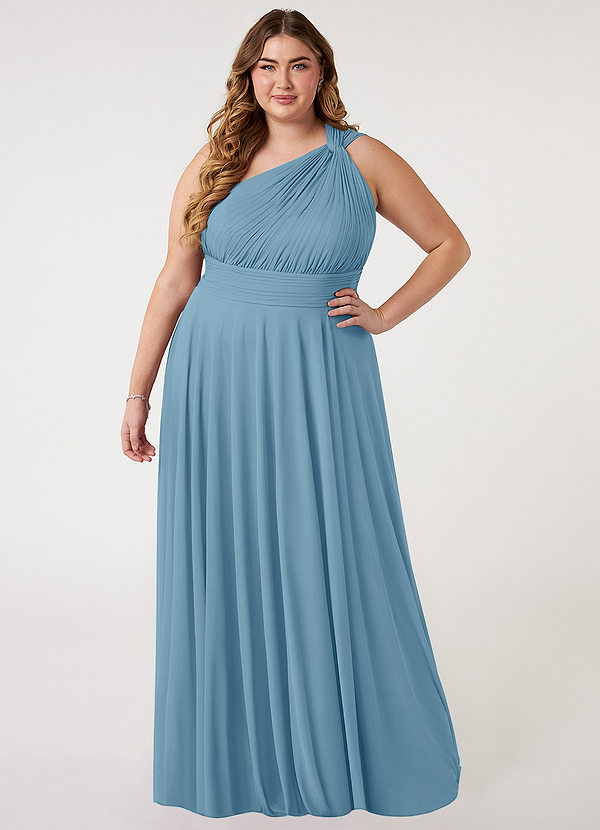 Azazie Charlize Bridesmaid Dresses Steel Blue A-Line One Shoulder Mesh Dress image1