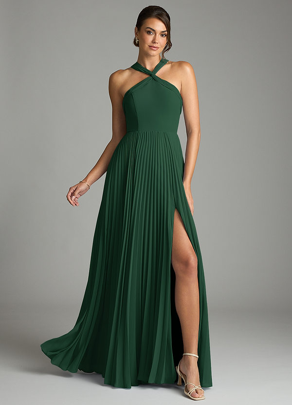 Azazie Afra Abiti da Damigella Abito A-Line in Chiffon Plissettato Verde Scuro image1