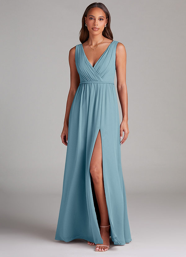 Azazie Tanicia Brautjungfernkleider A-Linie Plissee Chiffon Kleid Stimmungsvolles Blau image1