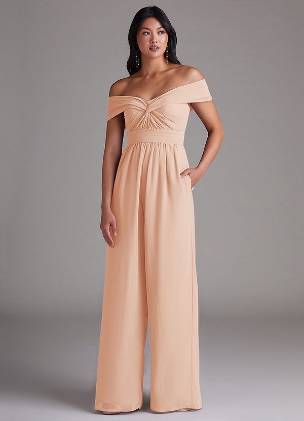 Azazie Lamara Robes Demoiselle d'honneur Combinaison Convertible en Mousseline de soie Épaule décolletée Rose Perle image1