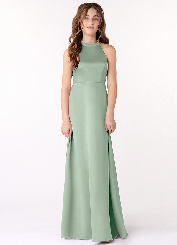 Azazie Laurel Junior Agave A-Line Stretch Satin Dress image1
