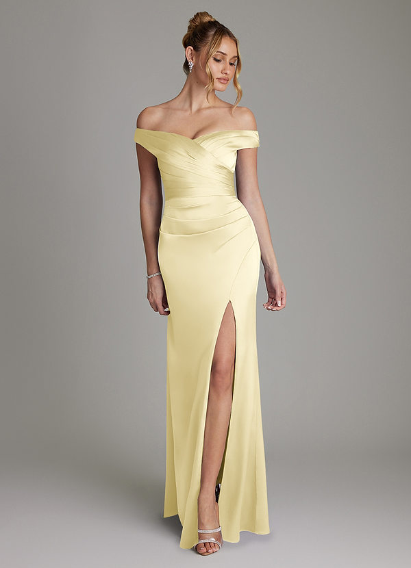 Azazie Teyana Bruidsmeisjes Jurken Jurk van Stretch Satijn met Kolom Off the Shoulder Citroensorbet image1
