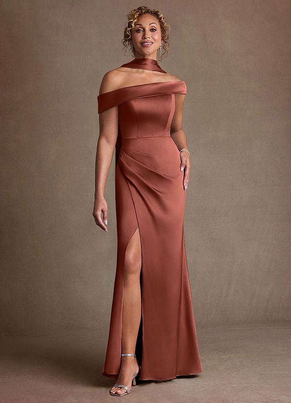 Azazie Kamala 신부의 어머니 드레스 쉬스 한쪽 어깨 스트레치 새틴 플로어 길이 드레스 image1