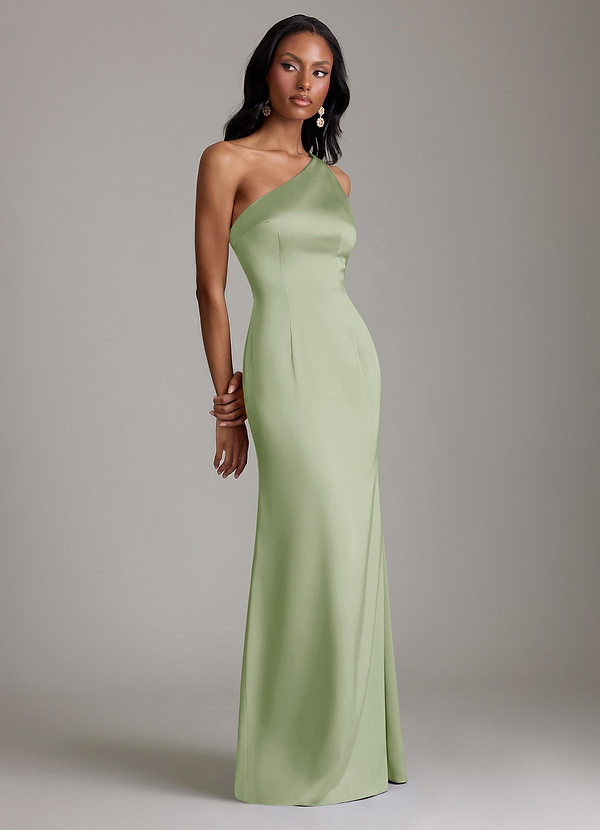 Azazie Voni Robes Demoiselle d'honneur Robe Sirène en Satin extensible Une épaule Vert Sauge image1