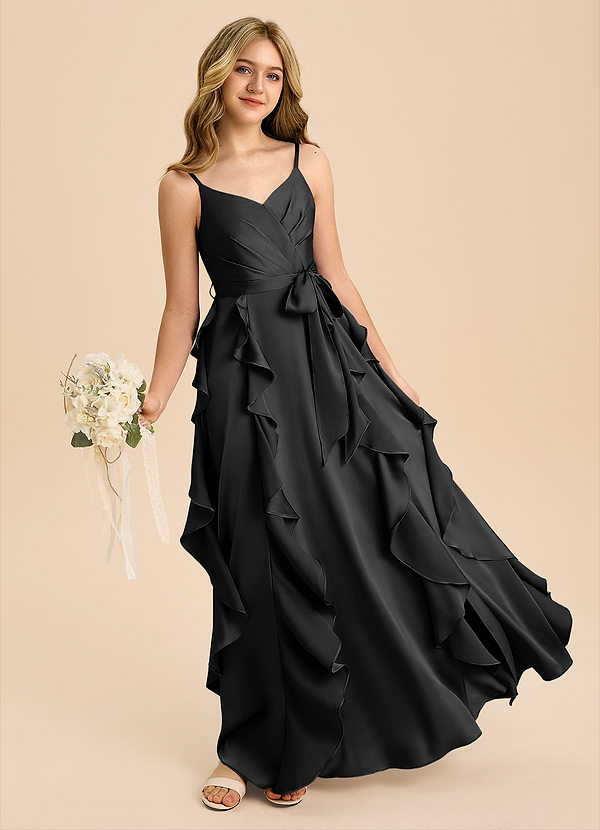 Azazie Peyton Junior Black A-Line Pleated Stretch Satin Dress image1