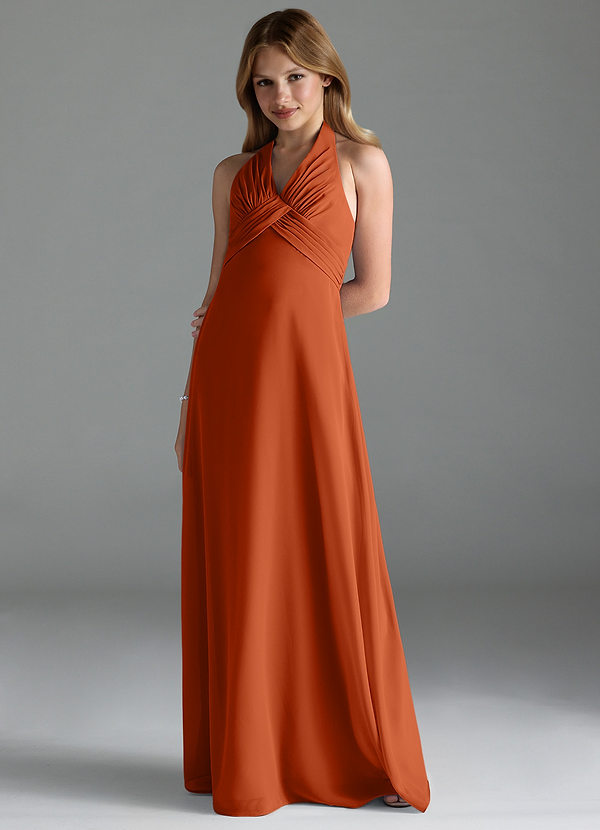 Azazie Tessie Junior A-Linie Plissee Chiffon Kleid Gebranntes Orange image1