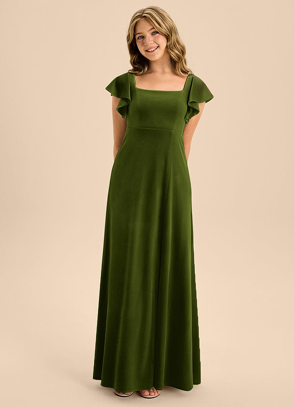 Azazie Bondi Junior Olive A-Line Bow Velvet Dress image1