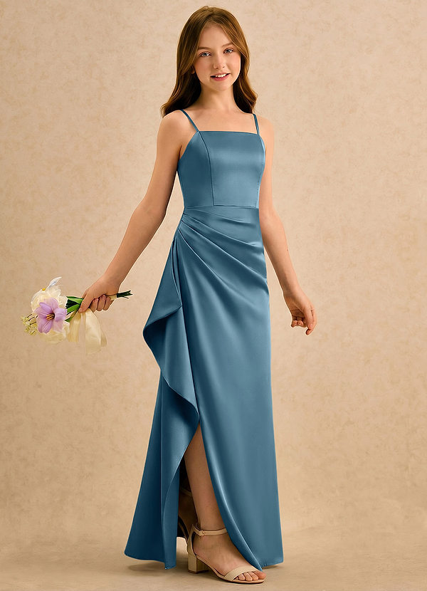 Azazie Cannoli Girls Formal Sukienki dla dziewczynek sypiących kwiaty Linia A Pofałdowany Satyna elastyczna Długość podłogi Sukienka image1