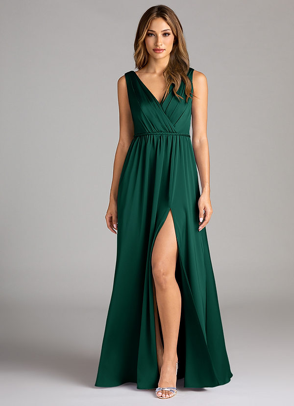 Azazie Tanicia Bridesmaid Dresses Emerald A-Line Pleated Stretch Satin Dress image1