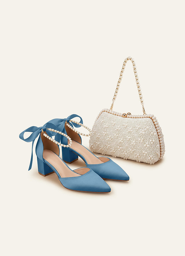 front Matching Color Matte Satin Pearl and Bow Pointed Toe Block Heels & Beaded Clutch Set
