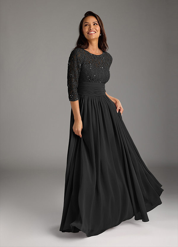 Azazie Olga Vestidos de Madre de la Novia Vestido de Negro de Gasa de Corte En A con Encaje image1
