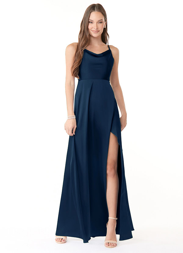 Azazie Naomie Bridesmaid Dresses Dark Navy A-Line Cowl Neckline Side Slit Stretch Satin Dress image1