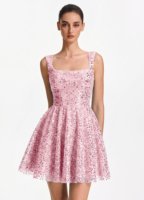 Hesperiana Rosa Minikleid aus Stretch-Tüll mit eckigem Ausschnitt und Paillettenbesatz image1