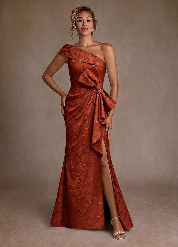 Azazie Hampton Moeder van de Bruid Jurken Zeemeermin Jurk van Bloemen Burn-out One-Shoulder Kastanjebruin image1