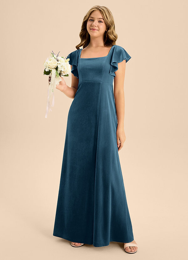 Azazie Bondi Junior Blue Topaz A-Line Bow Velvet Dress image1