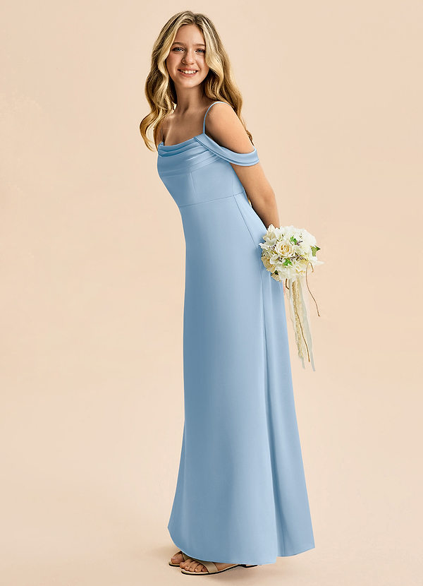 Azazie Lettie Junior Powder Blue A-Line Off the Shoulder Stretch Satin Dress image1