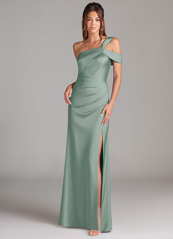 Azazie Wynter Vestidos Dama de Honor Vestido de Salvia Plateada de Satén Elástico de Corte Recto con Hombro unilateral image1