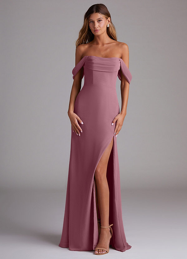 Azazie Saige Bridesmaid Dresses Vintage Mauve A-Line Off the Shoulder Chiffon Convertible Dress image1