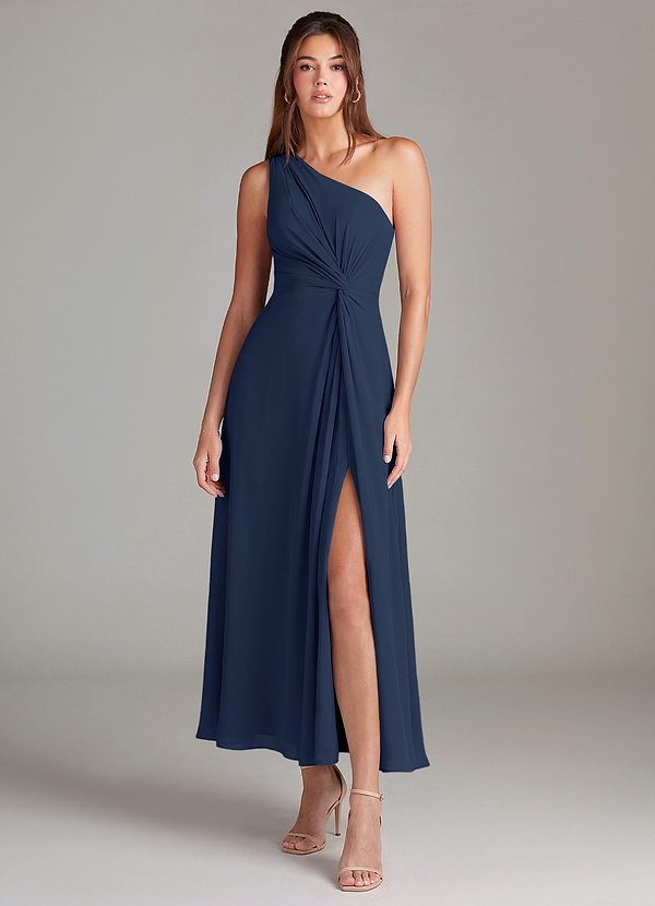Azazie Brooke Robes de demoiselle d'honneur Robe Trapèze en Mousseline de soie Asymétrique Bleu Marine Foncé image1