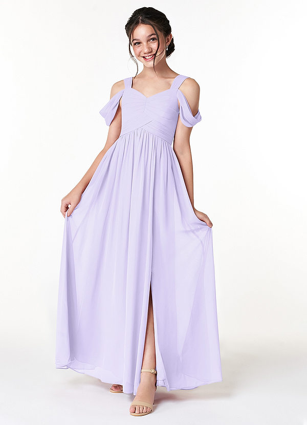 Azazie Lianne Junior Robe Trapèze en Mousseline de soie Épaule décolletée Lilas image1