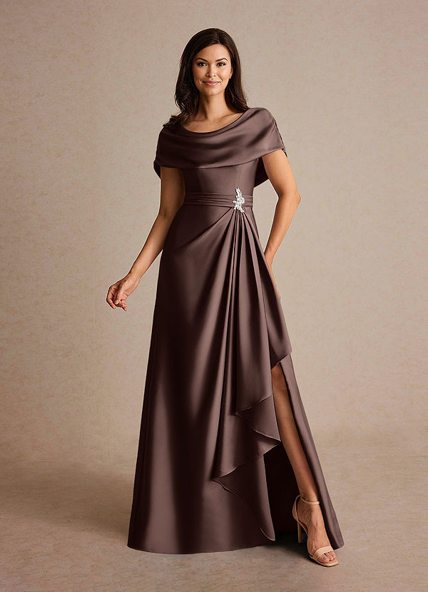 Azazie Branford Mother of the Brides Dresses Ganache A-Line Pleated Stretch Satin Dress image1