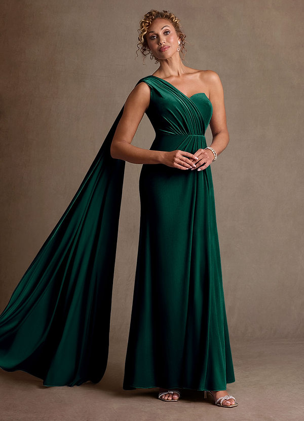 Azazie Aphra Mother of the Brides Dresses Emerald Sheath One Shoulder Velvet Dress image1