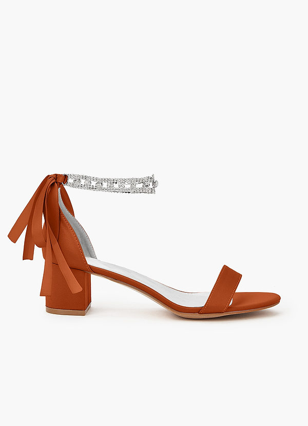 front Matching Color Matte Satin Rhinestone Strap Block Heel Sandals