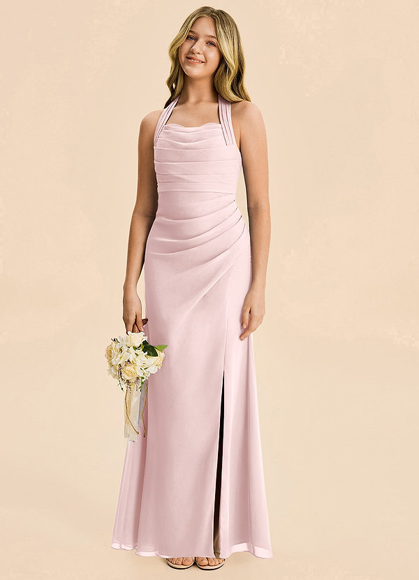 Azazie Destiny Junior Blushing Pink Sheath Ruched Chiffon Dress image1