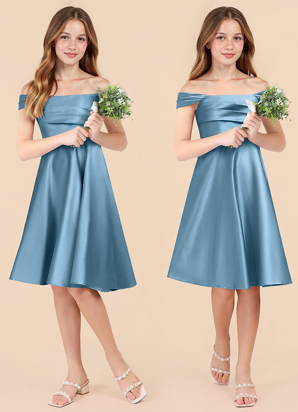 Azazie Amira Junior Steel Blue A-Line Pleated Stretch Satin Dress image1