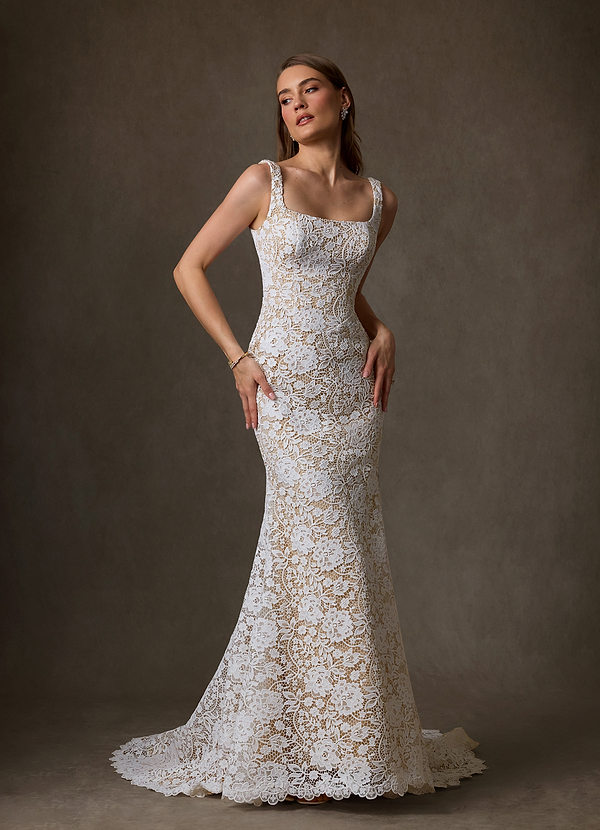 Azazie Amara Wedding Dresses Diamond White Nude Mermaid Square Neckline Lace Dress image1